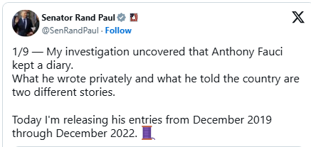 Senator Rand Paul: My investigation uncovered that Anthony Fauci kept a diary. Here it is…